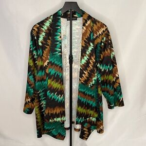 Travel Elements Green & Brown Abstract Open Front Cardigan XL EUC